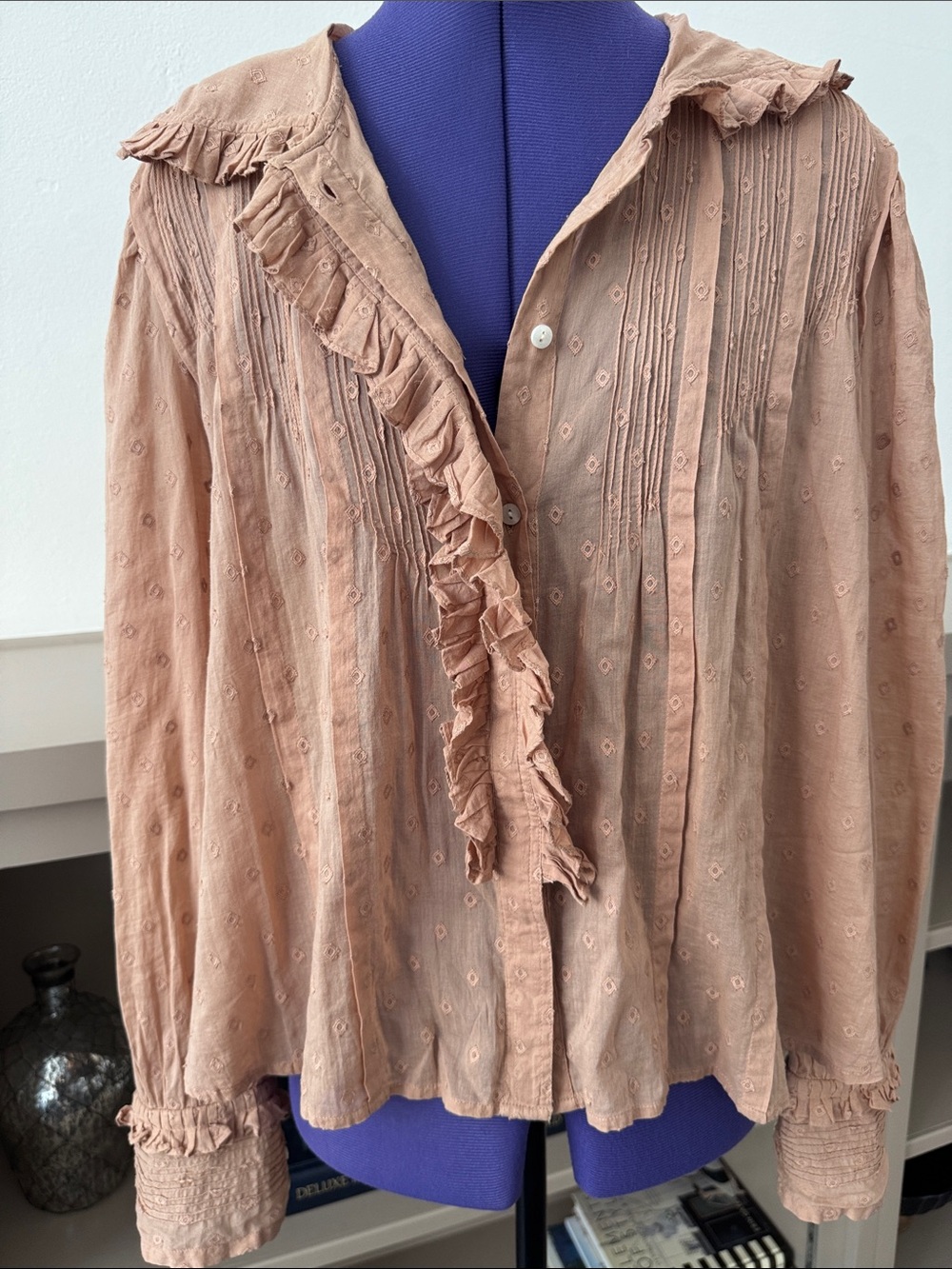 DÔEN Dilly Toffee Ruffle Trim Cotton Blouse Medium Romantic Boho - Picture 5 of 12